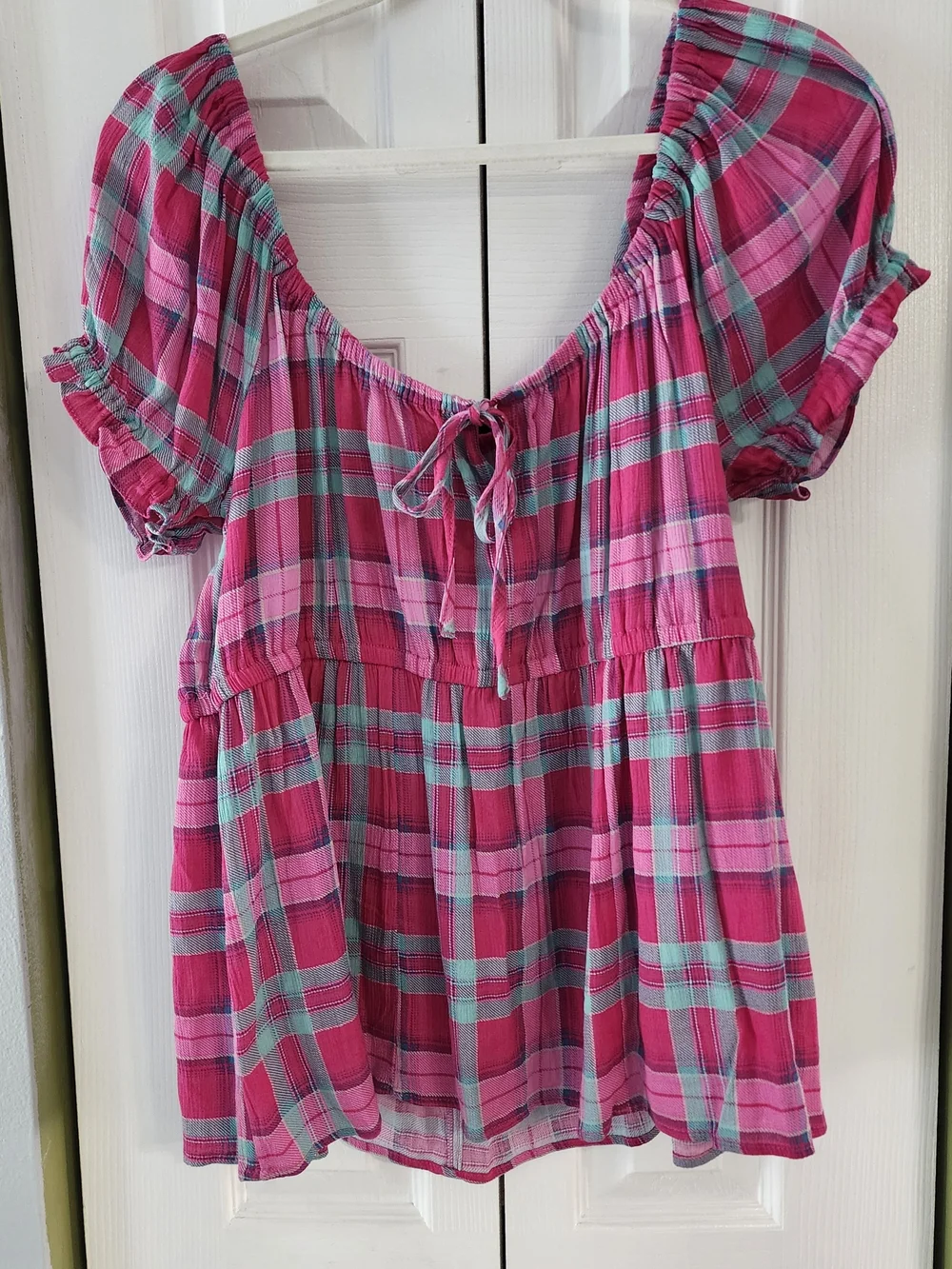 Torrid Pink and Aqua Plaid Peasant Tunic with Tie Front Baby Doll - Picture 2 of 5